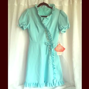 Vintage dress buttons, ruffles, bow aqua/white
